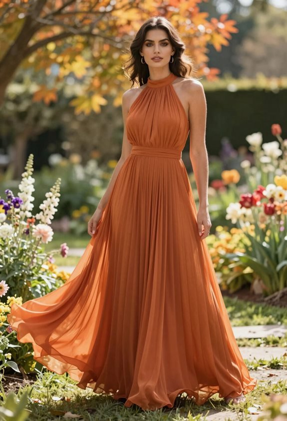 burnt orange pleated dress