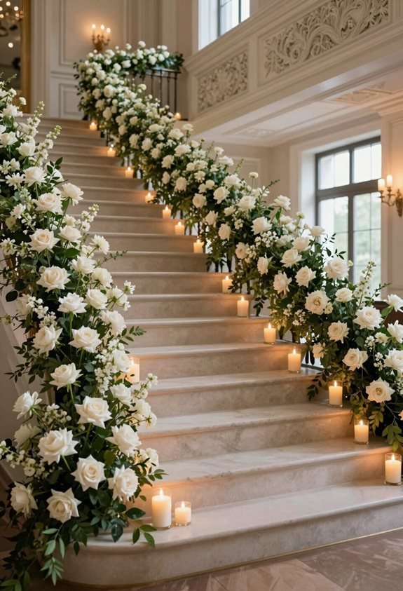 candlelit floral staircase decor