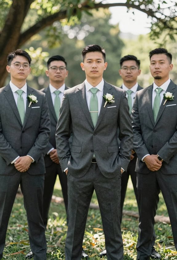 charcoal suits with sage accessories