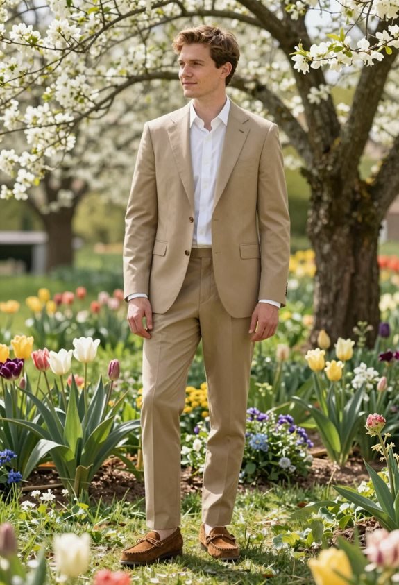 khaki suit white shirt moccasins