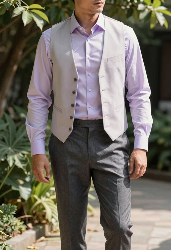 lavender shirt charcoal trousers vest