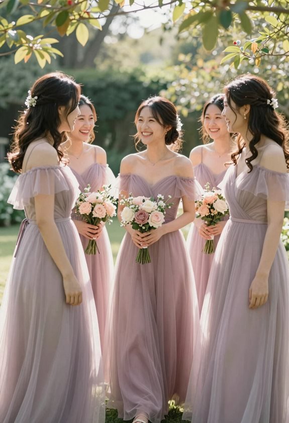 mauve off shoulder tulle dresses
