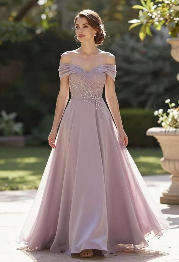 mauve off shoulder wedding gown