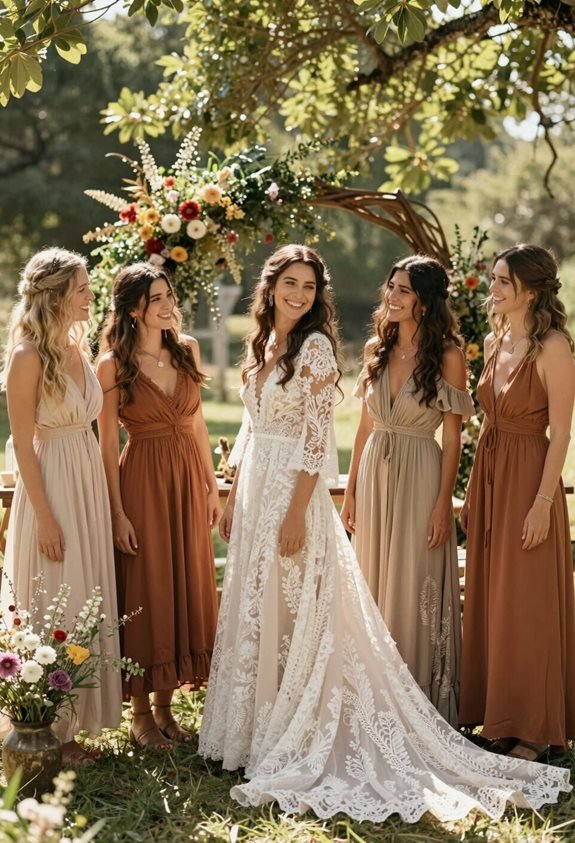 mismatched earth tone dresses