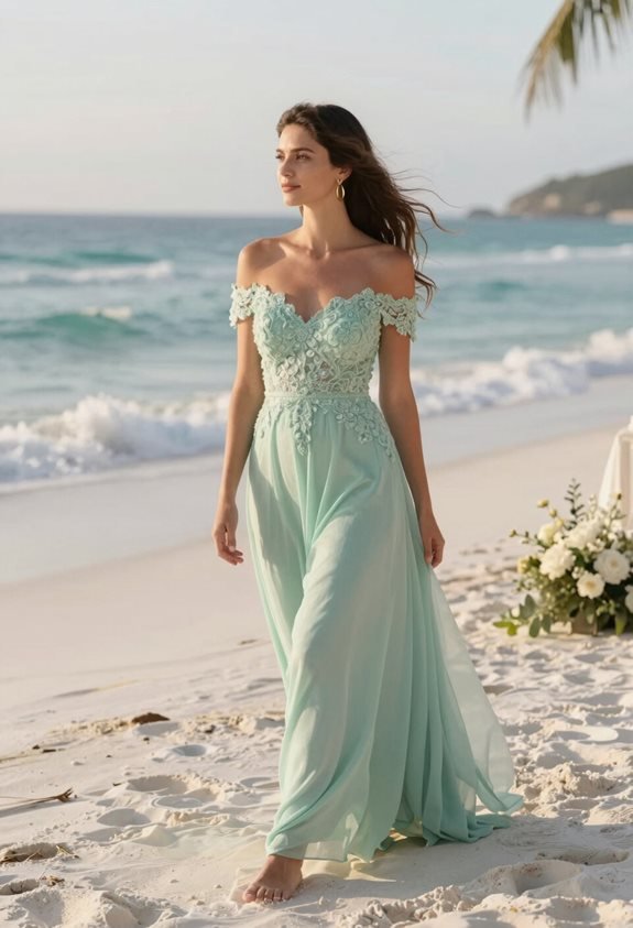 seafoam dress gold earrings