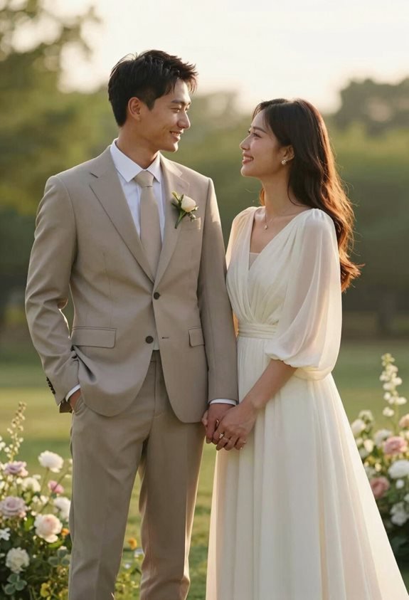 taupe and ivory wedding attire