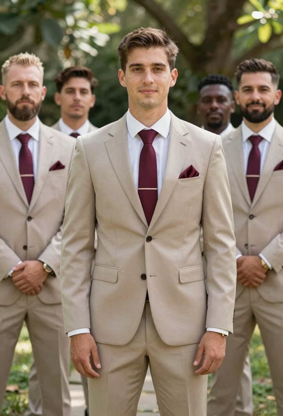 taupe suits with burgundy accents