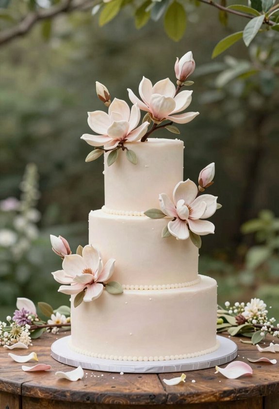 blush cake with magnolia clusters