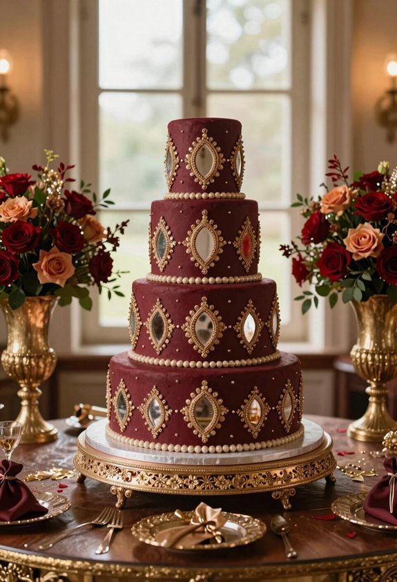 burgundy embroidered mirror cake