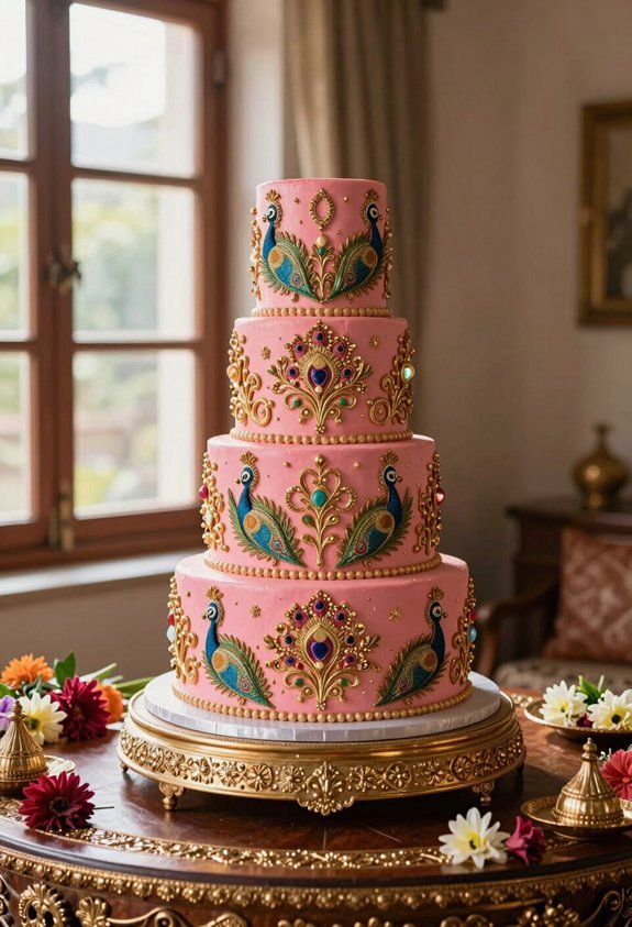 pink gold peacock cake