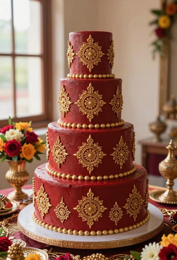 red fondant with gold mehndi