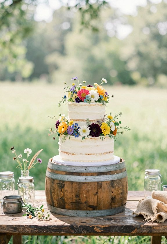 rustic barrel cake with flowers