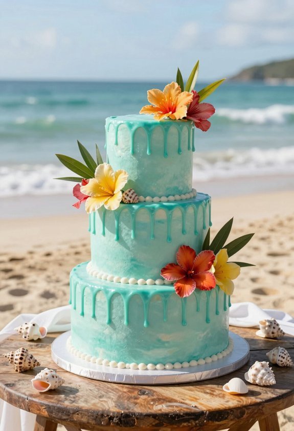 turquoise ocean floral cake