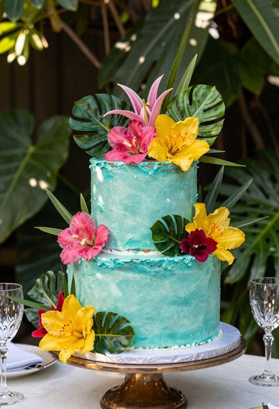 turquoise tropical floral cake