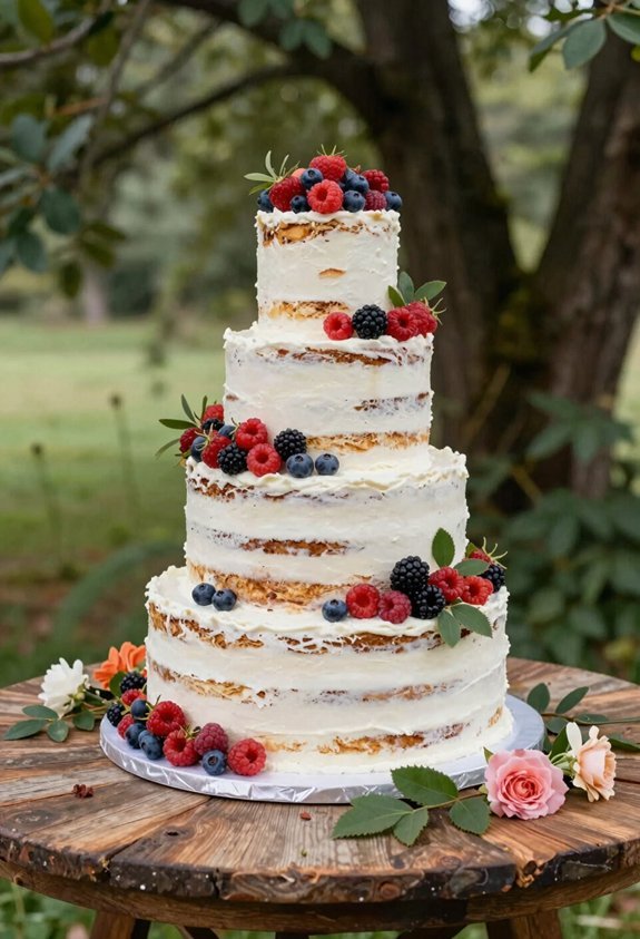 white cake with berry garland